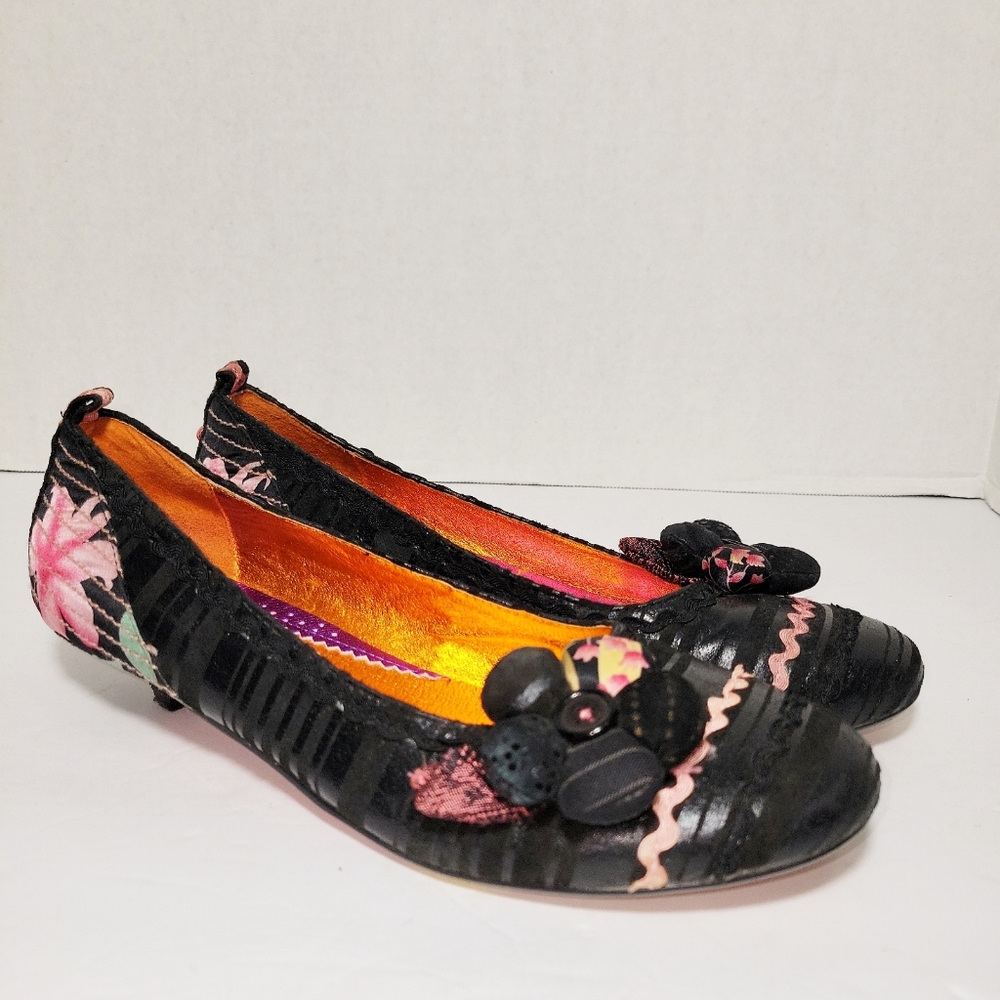 Irregular Choice Women's Stripe Leather Floral Kitten Heel Shoes Size 41 Black